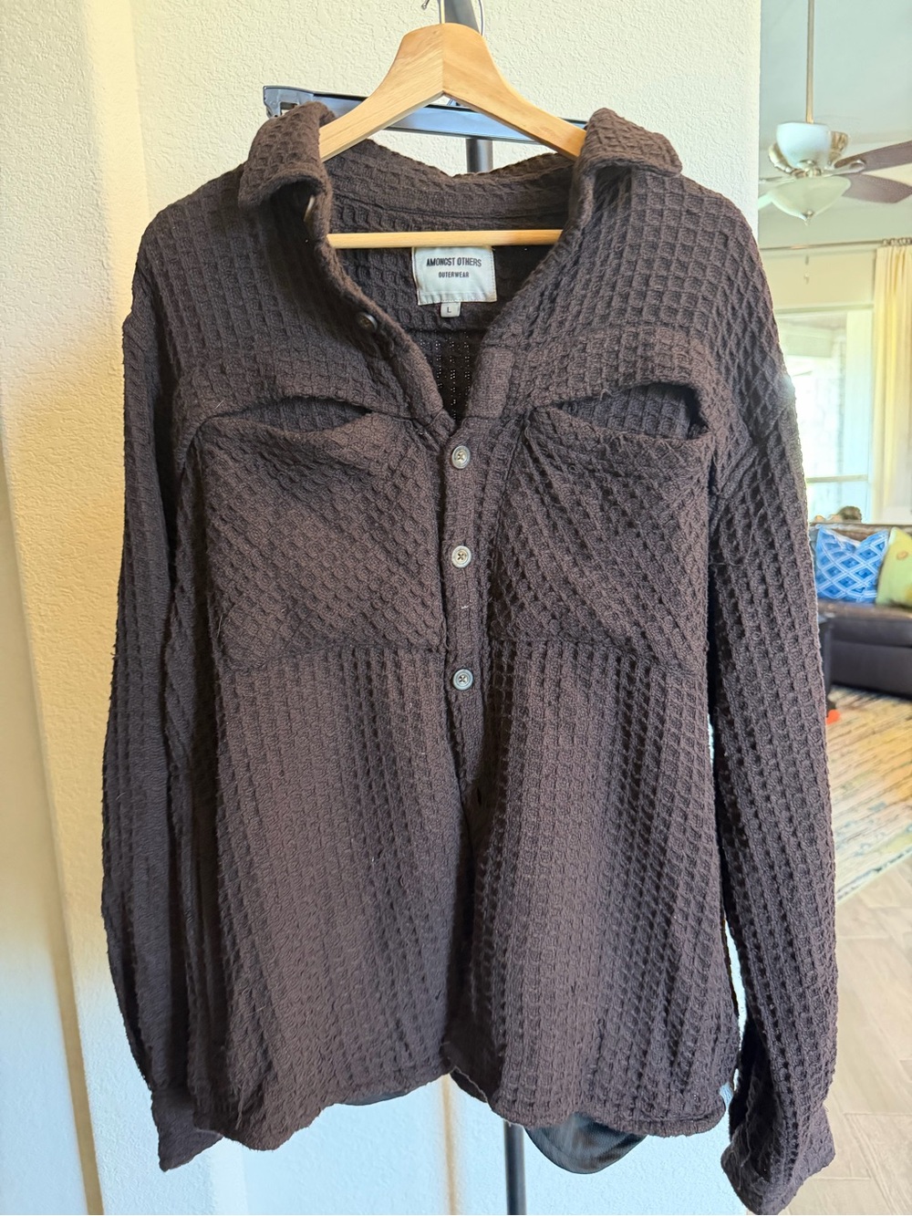 Amongst Ofhers Brown Waffle-Knit Button-Down Shirt Shacket L